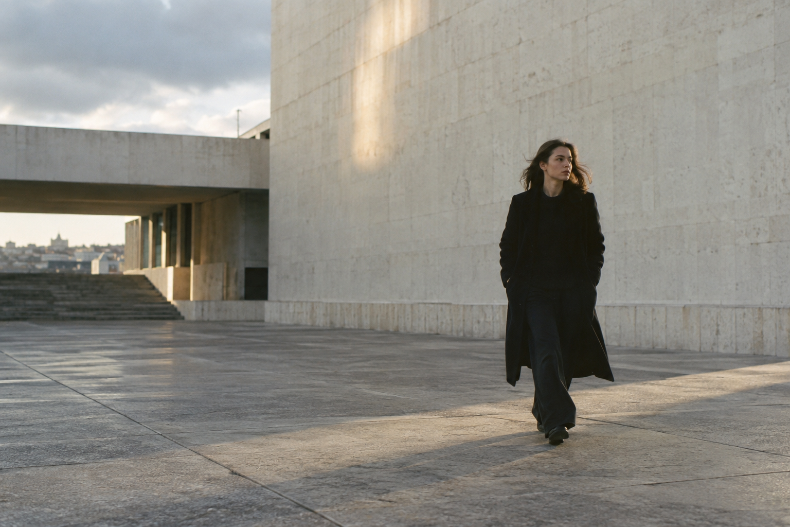 Woman in black walking through a modernist concrete plaza