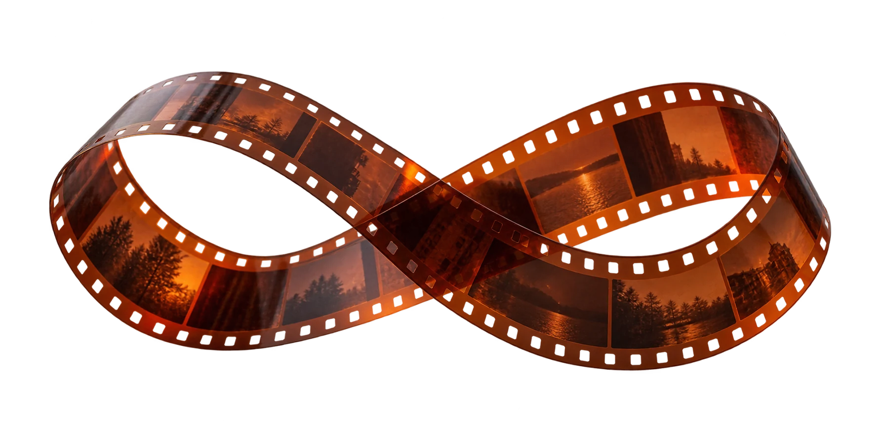 A real 35mm film strip curled into an infinity symbol