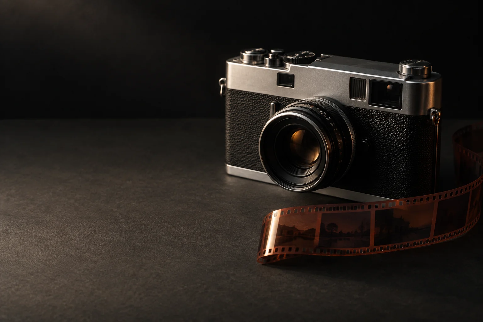 Unbranded mechanical 35mm camera beside a developed film strip